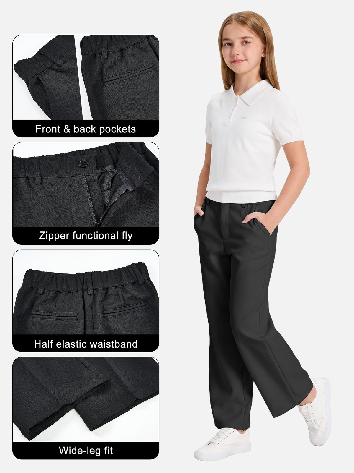 Girls Dress Pants Wide Leg Kids School Uniform Slacks