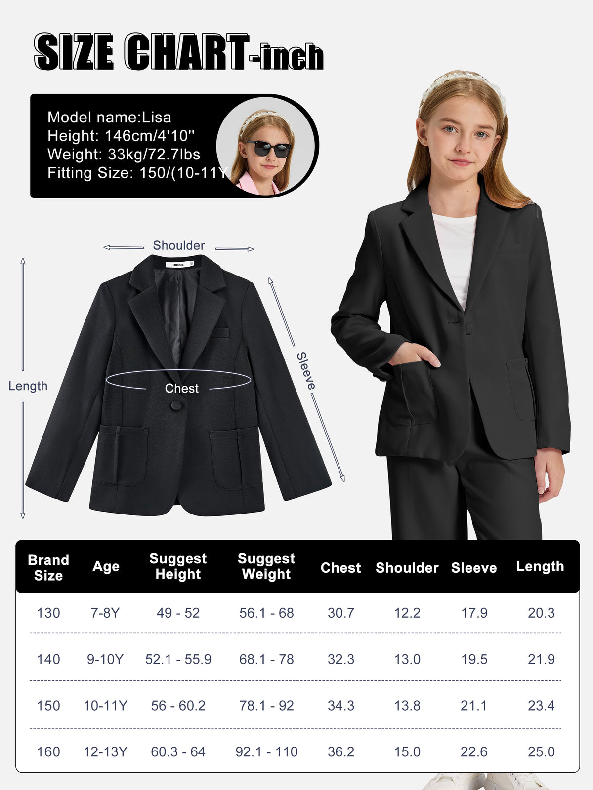 Girls Blazer Kids Lapel Suit Jacket Long Sleeve Coat