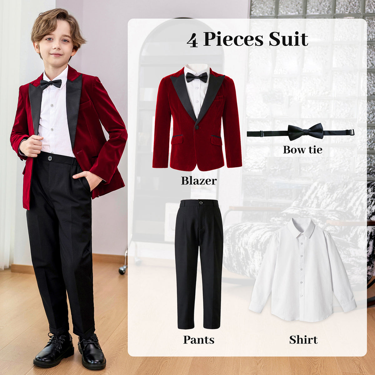 Boys Velvet Suit 4 Piece Slim Fit Tuxedo Formal Ring Bearer Outfit