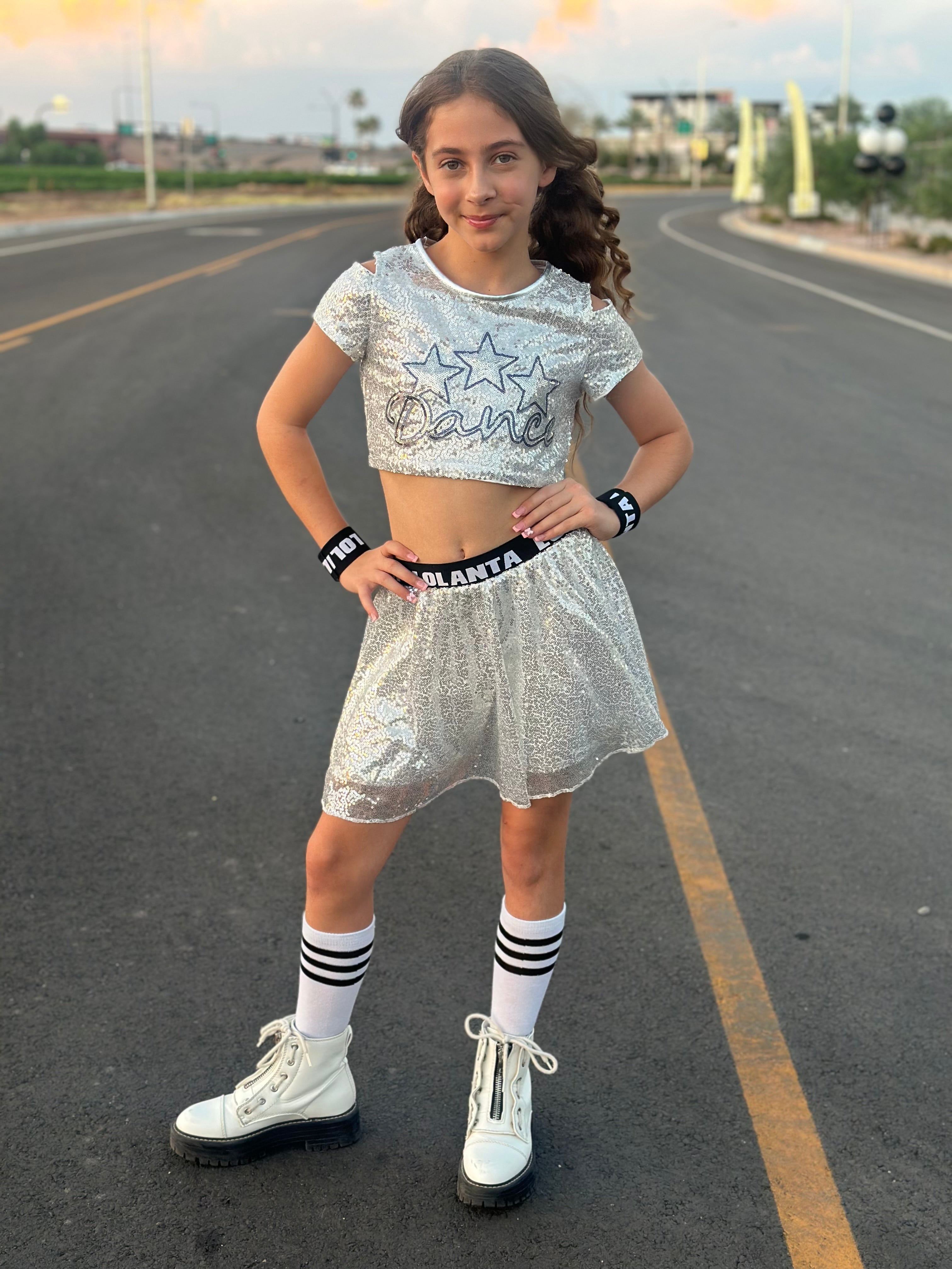 Girls Dance Outfits 4 Piece Kids Sequin Pleated Skirts Set