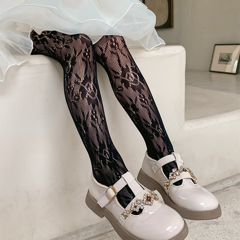 Girls Lace Tights Kids Sheer Patterned Fishnet Stockings 2 Pack Hollow Dance Pantyhose