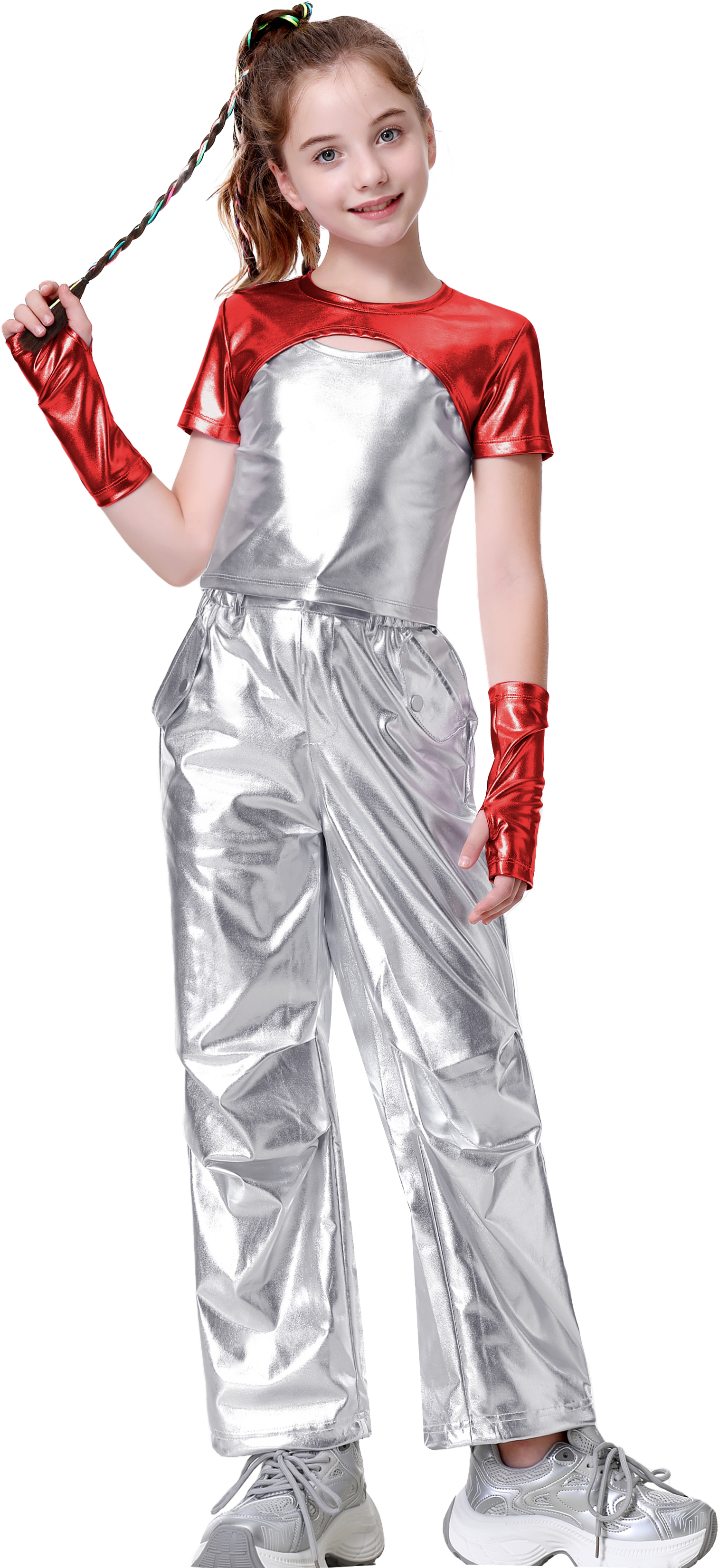 Girls Metallic Shirts with Arm Sleeves Slim Fit Stretchy Shiny Hip Hop Dance Top