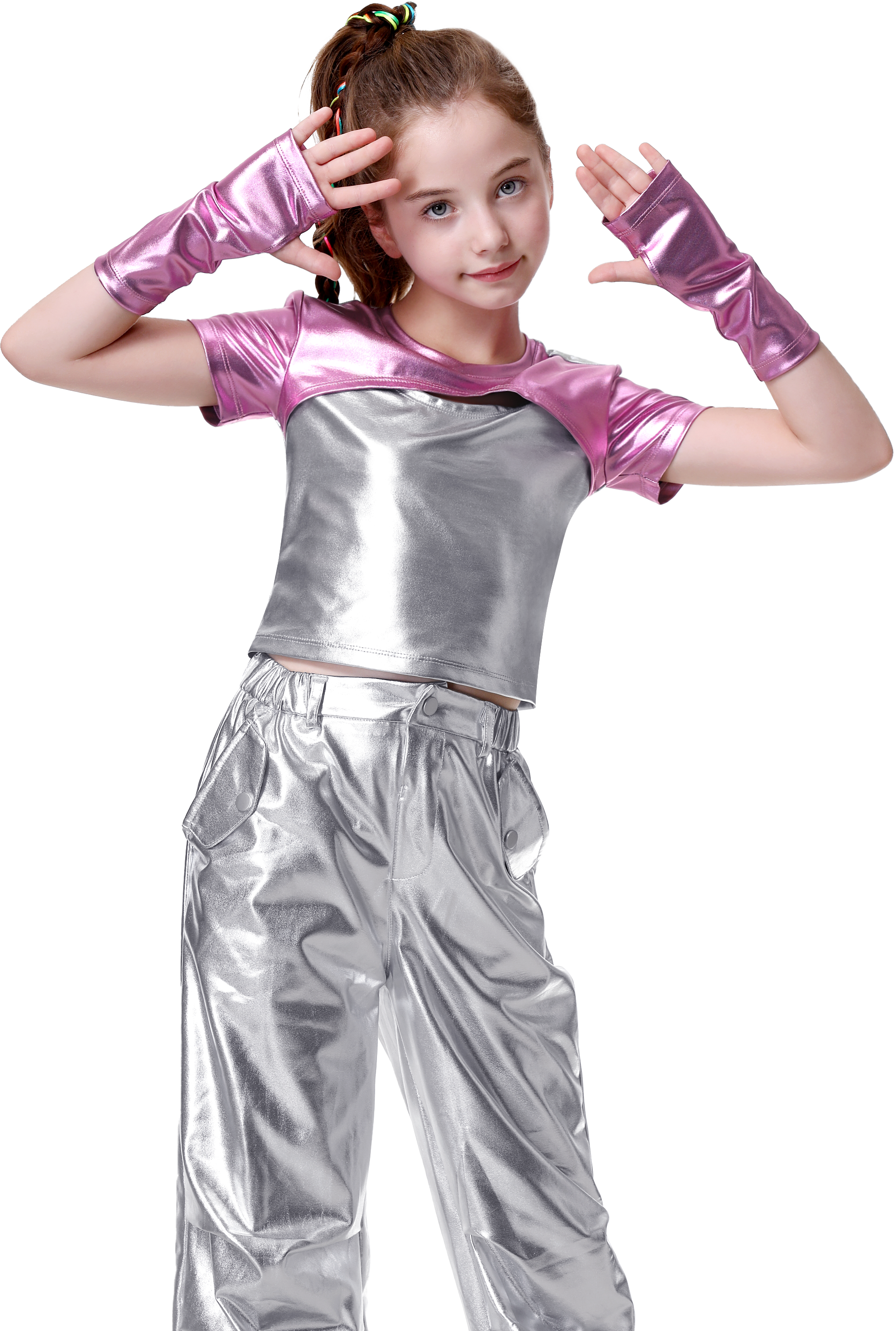 Girls Metallic Shirts with Arm Sleeves Slim Fit Stretchy Shiny Hip Hop Dance Top