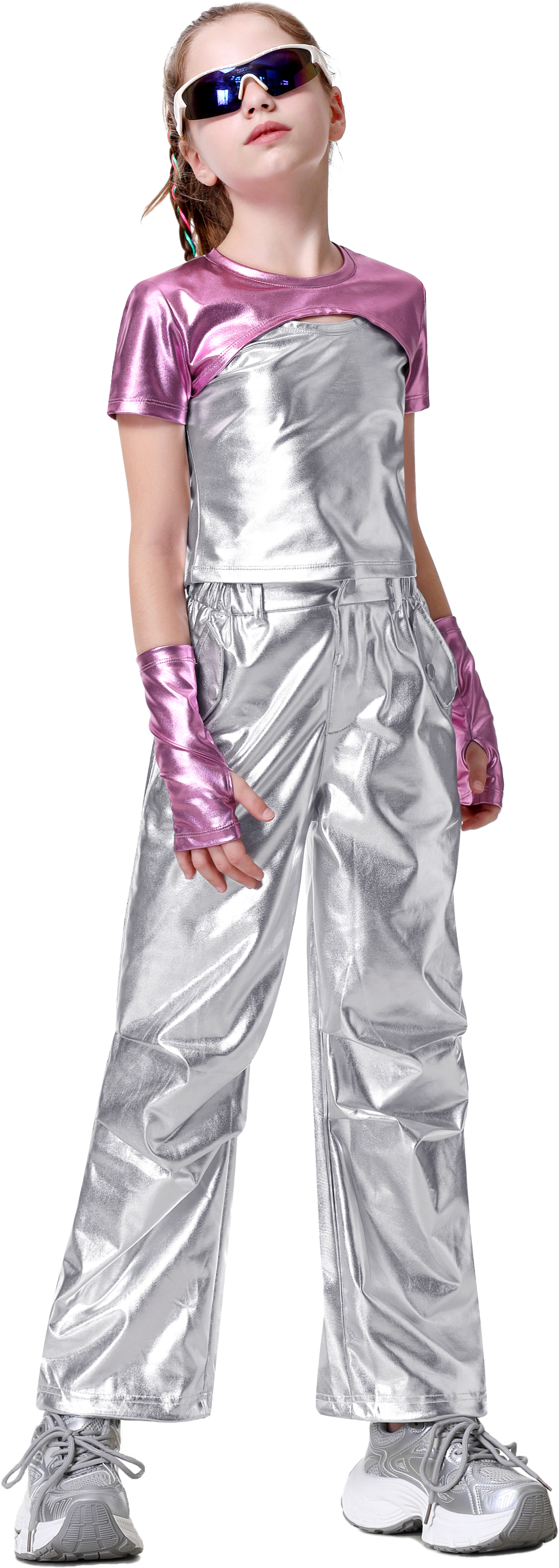 Girls Metallic Shirts with Arm Sleeves Slim Fit Stretchy Shiny Hip Hop Dance Top