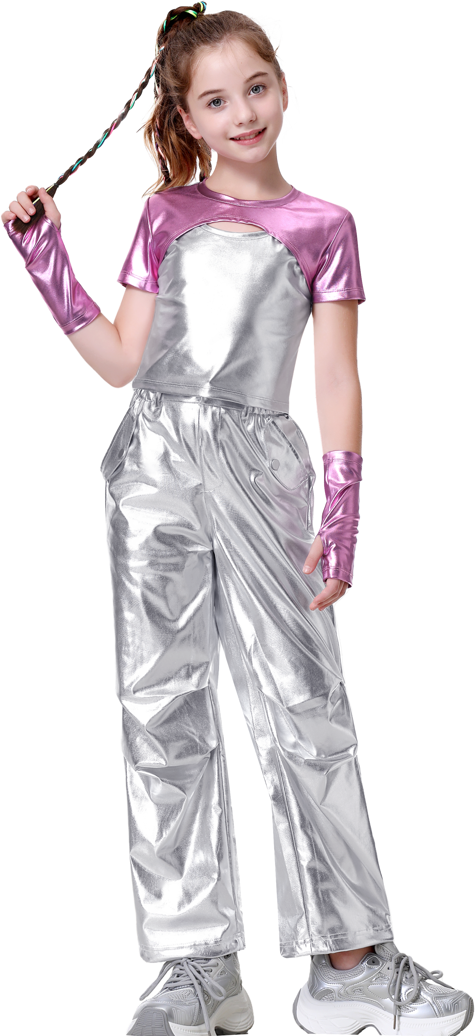 Girls Metallic Shirts with Arm Sleeves Slim Fit Stretchy Shiny Hip Hop Dance Top