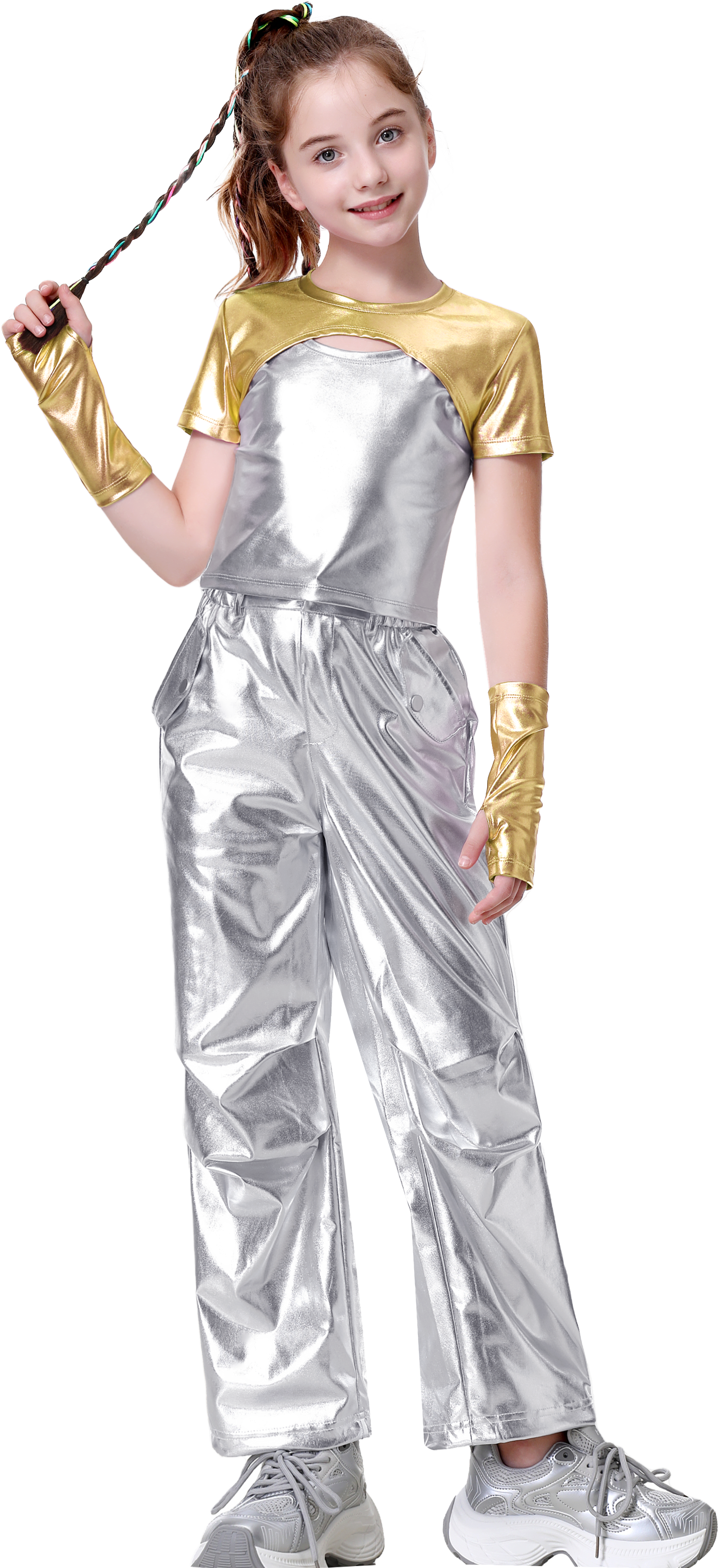 Girls Metallic Shirts with Arm Sleeves Slim Fit Stretchy Shiny Hip Hop Dance Top