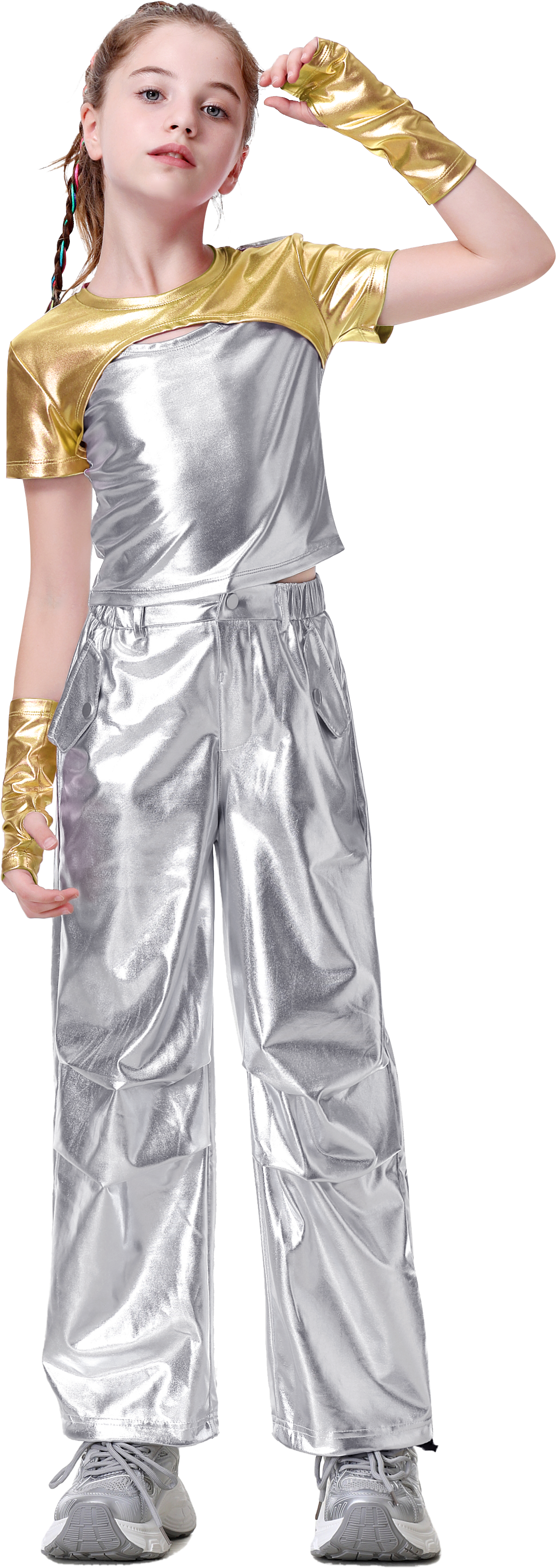 Girls Metallic Shirts with Arm Sleeves Slim Fit Stretchy Shiny Hip Hop Dance Top