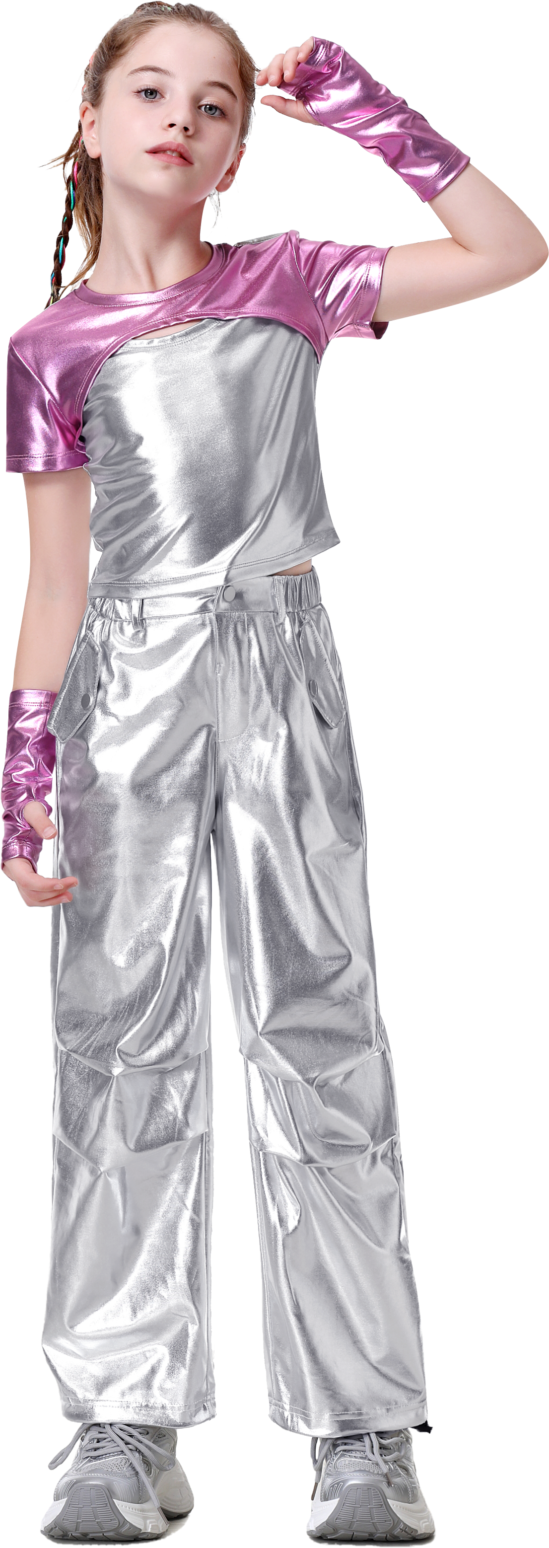 Girls Metallic Shirts with Arm Sleeves Slim Fit Stretchy Shiny Hip Hop Dance Top
