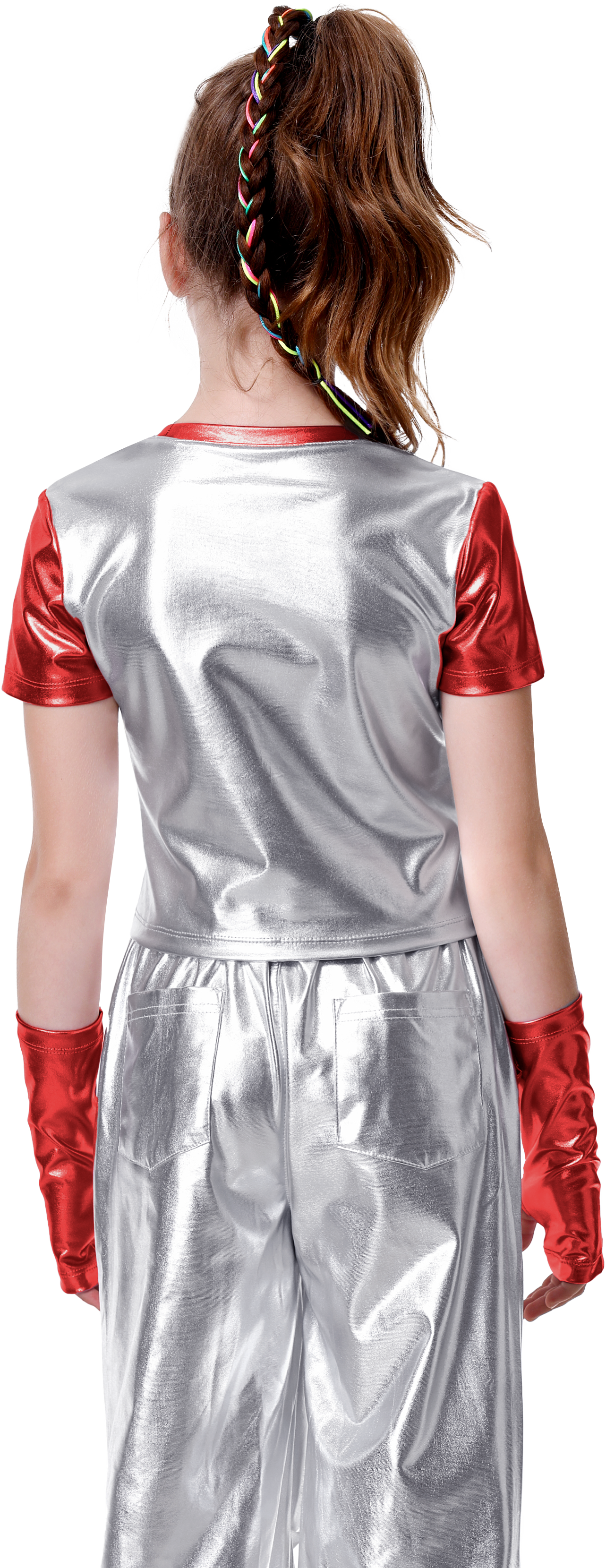 Girls Metallic Shirts with Arm Sleeves Slim Fit Stretchy Shiny Hip Hop Dance Top