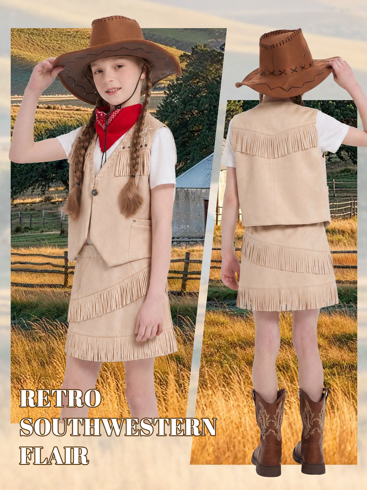 Cowgirl Outfits for Girls, Boho Western Fringe Vest Skirt 2Pcs Set