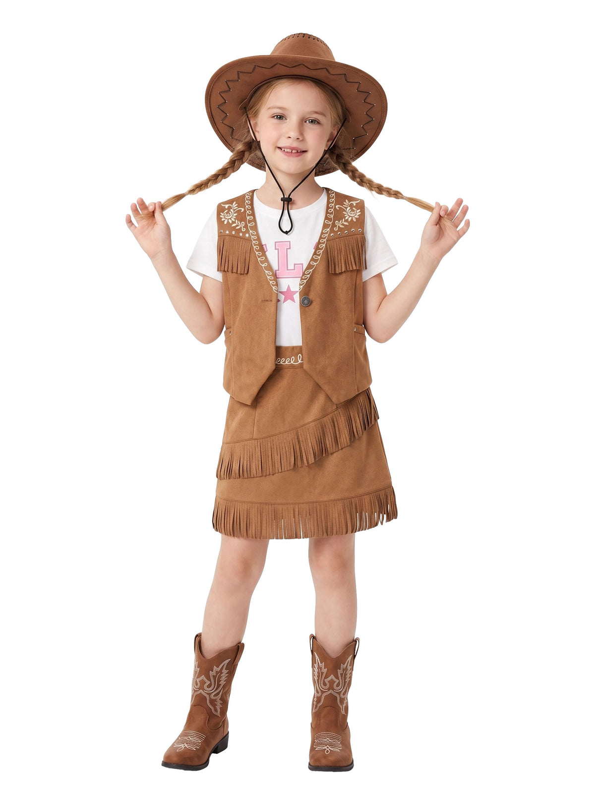 Cowgirl Outfits for Girls, Boho Western Fringe Vest Skirt 2Pcs Set