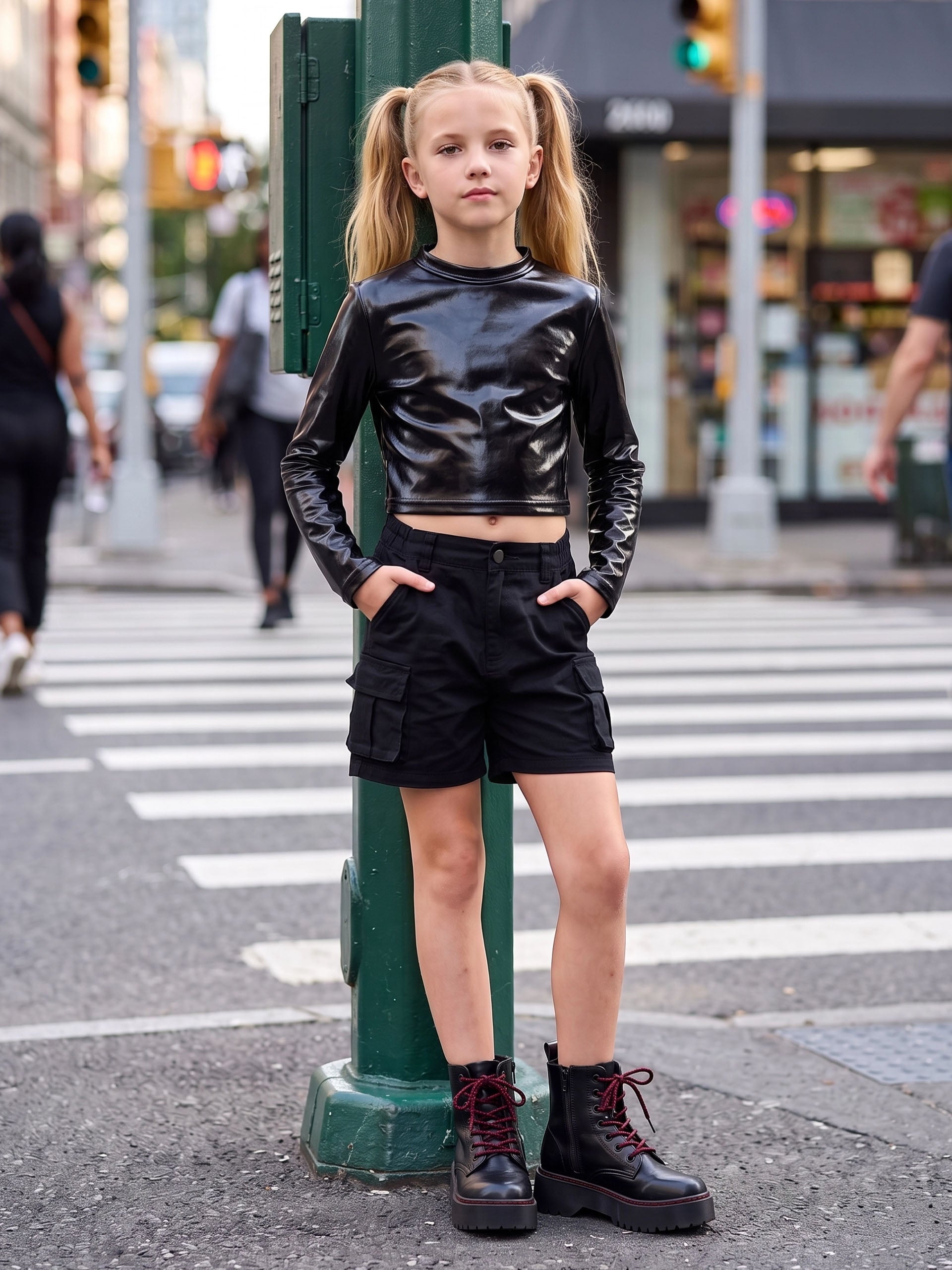 Metallic Dance Tops for Girls Long Sleeve Cropped Top