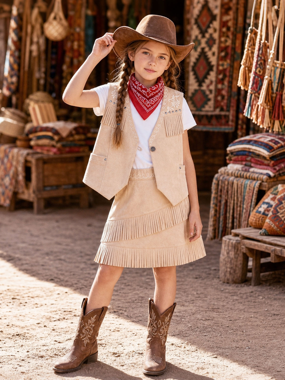 Cowgirl Outfits for Girls, Boho Western Fringe Vest Skirt 2Pcs Set