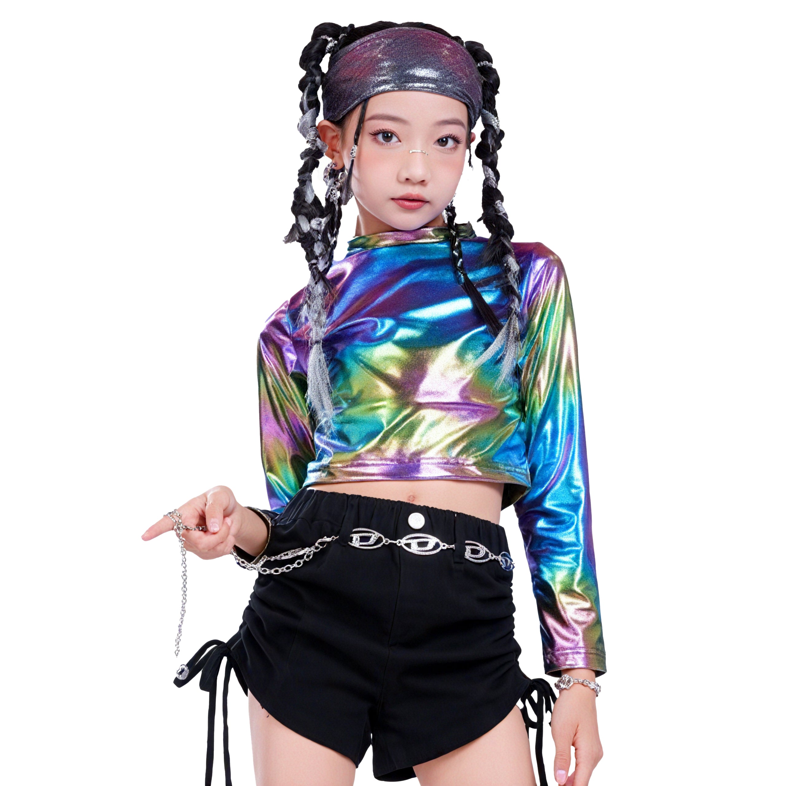 Metallic Dance Tops for Girls Long Sleeve Cropped Top