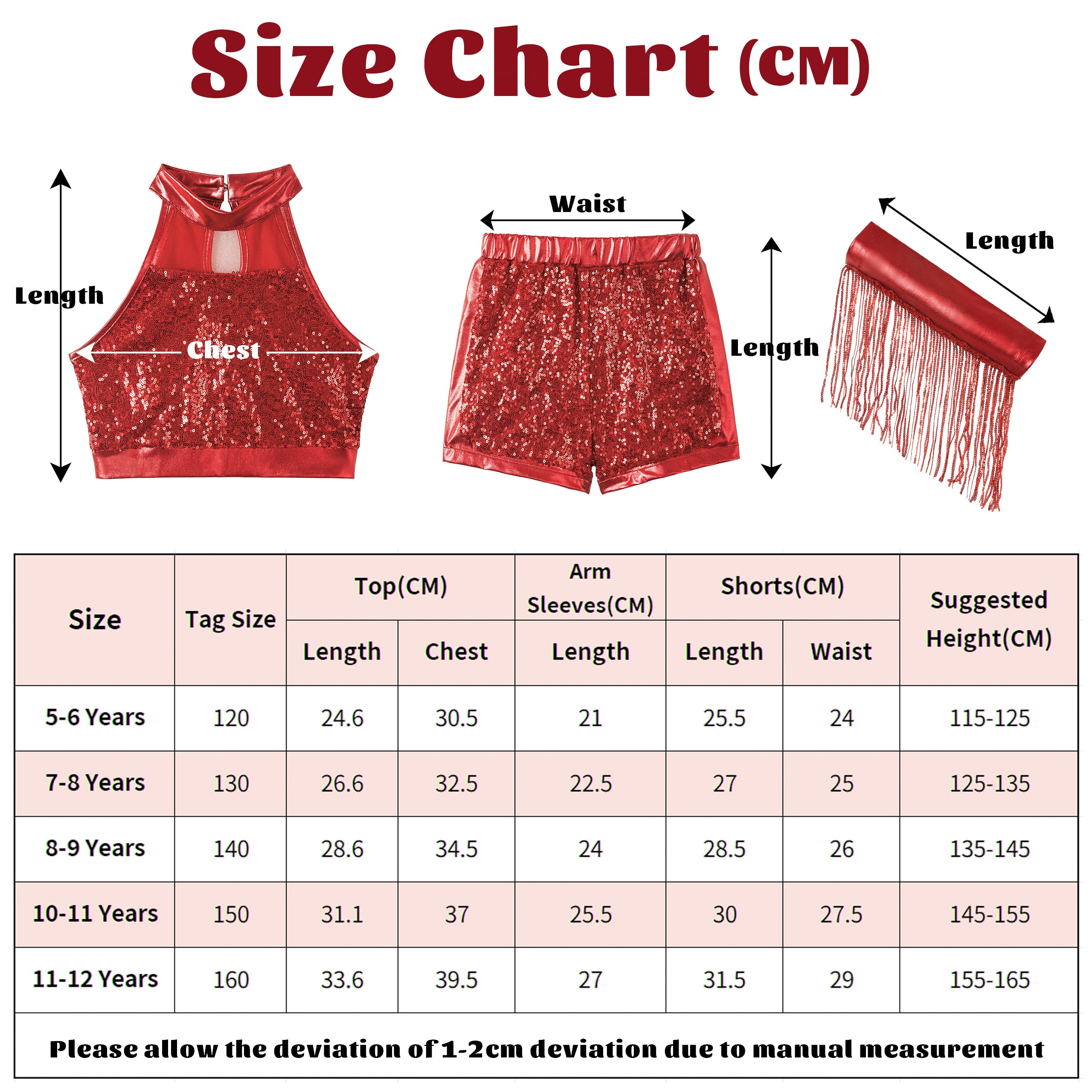 Girls’ Sequin Dance Outfit Crop Sequin Top Metallic Shorts with Tassel Arm Sleeves