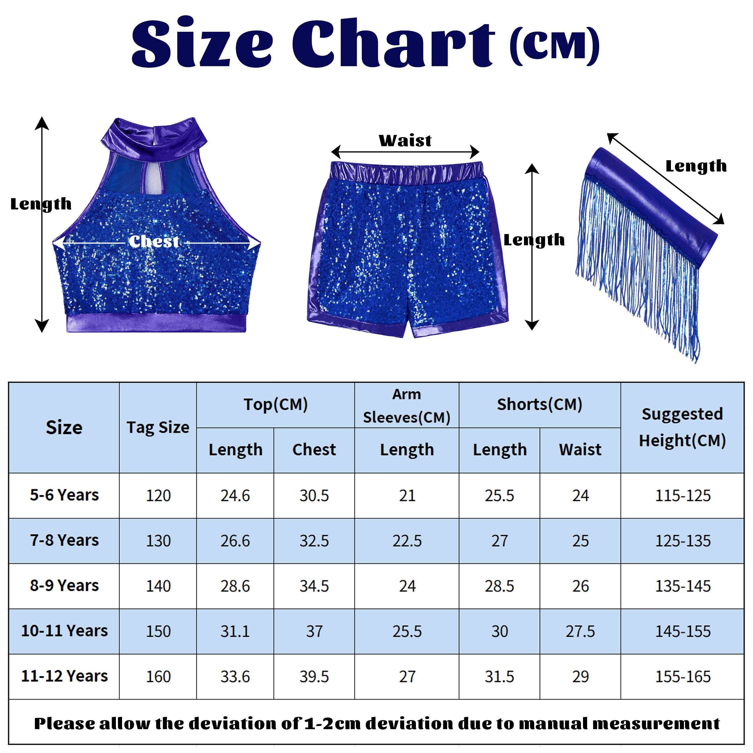 Girls’ Sequin Dance Outfit Crop Sequin Top Metallic Shorts with Tassel Arm Sleeves
