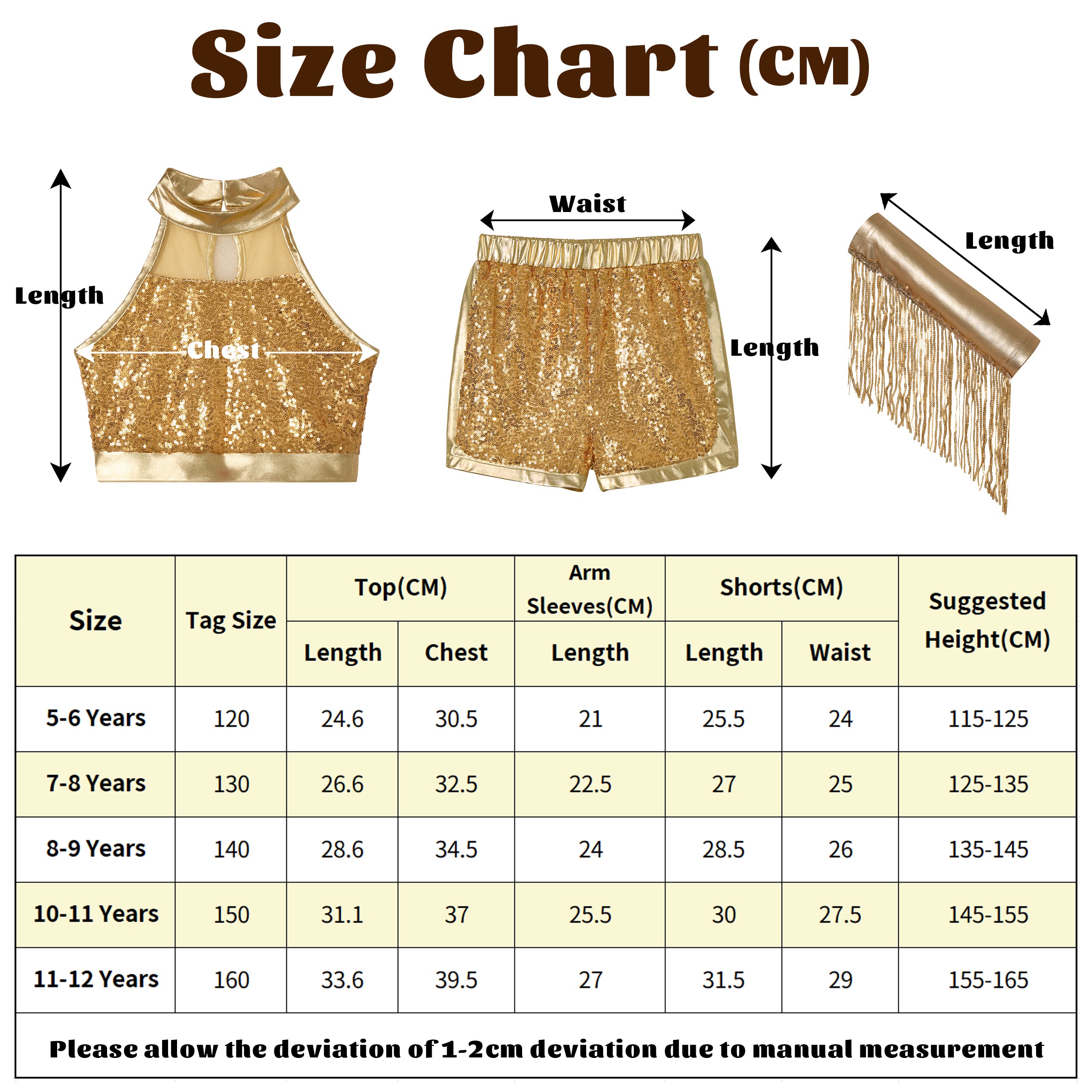 Girls’ Sequin Dance Outfit Crop Sequin Top Metallic Shorts with Tassel Arm Sleeves