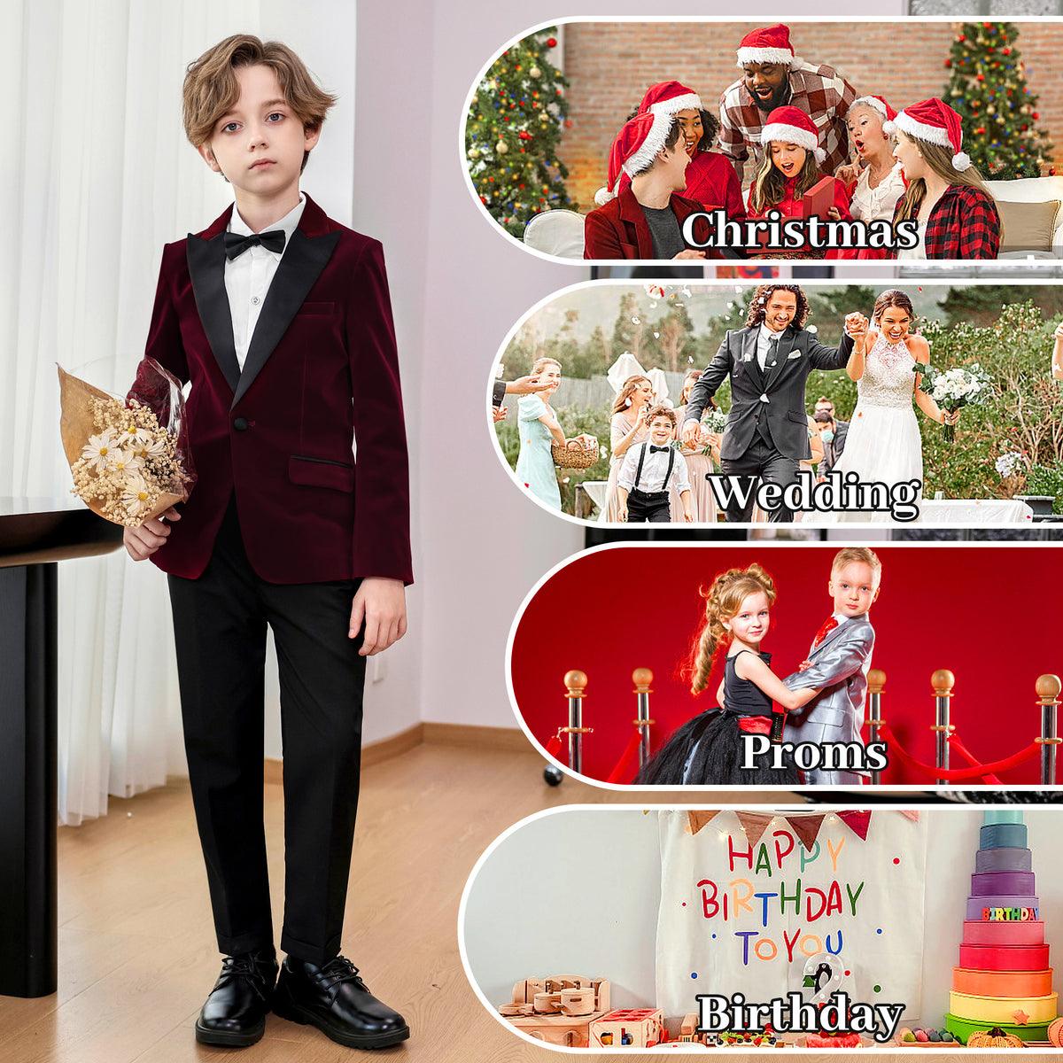 Boys Velvet Suit 4 Piece Slim Fit Tuxedo Formal Ring Bearer Outfit