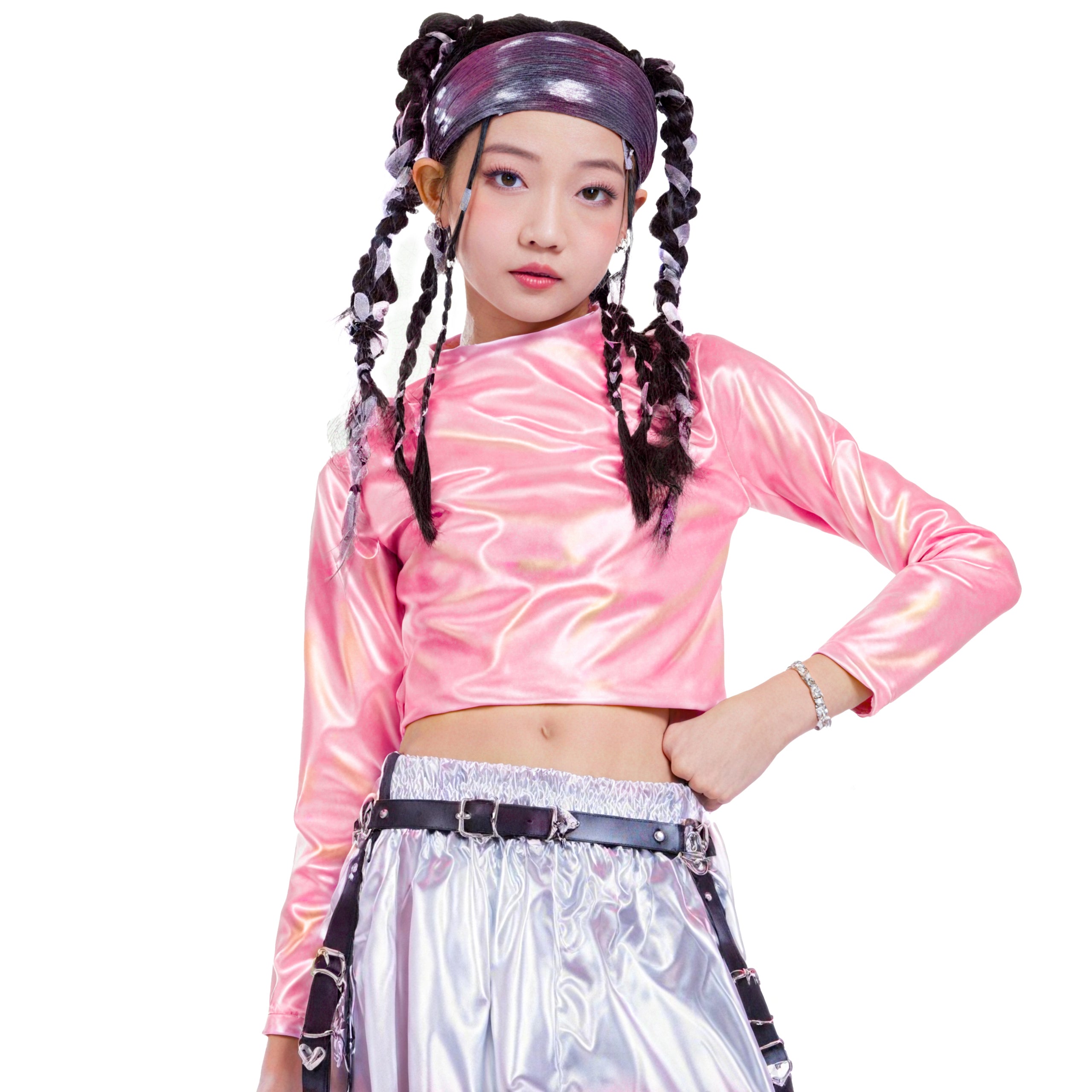 Metallic Dance Tops for Girls Long Sleeve Cropped Top