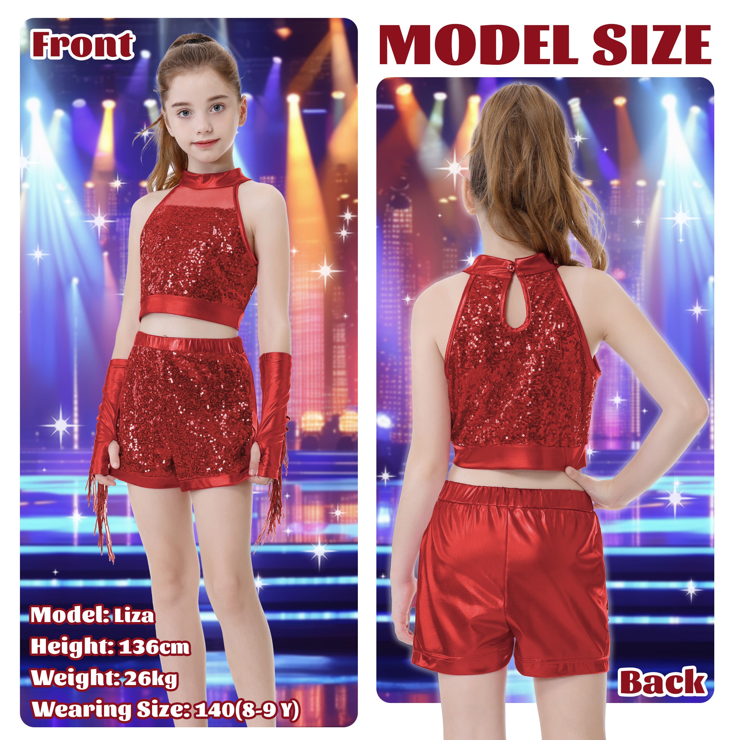 Girls’ Sequin Dance Outfit Crop Sequin Top Metallic Shorts with Tassel Arm Sleeves