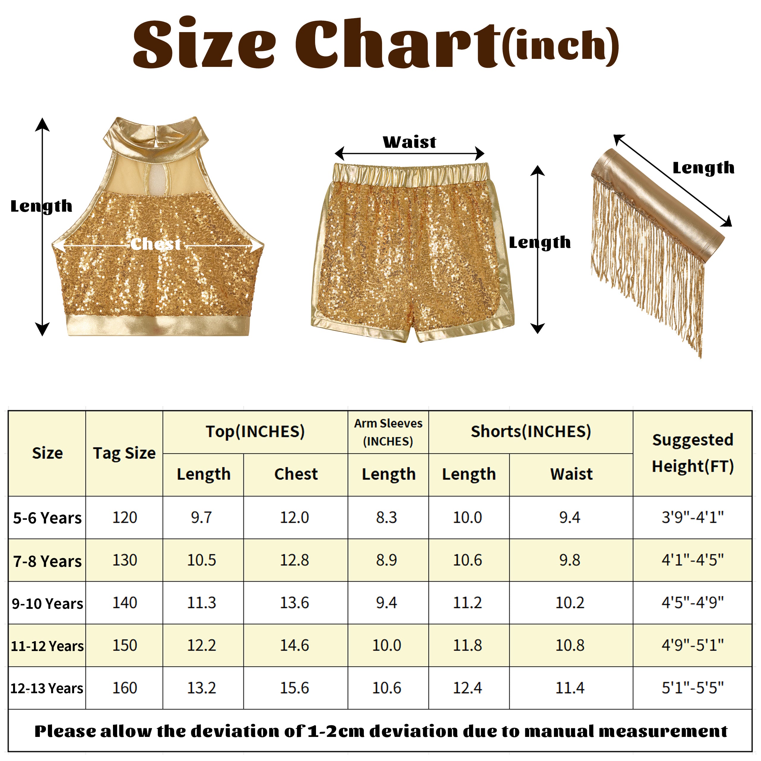 Girls’ Sequin Dance Outfit Crop Sequin Top Metallic Shorts with Tassel Arm Sleeves