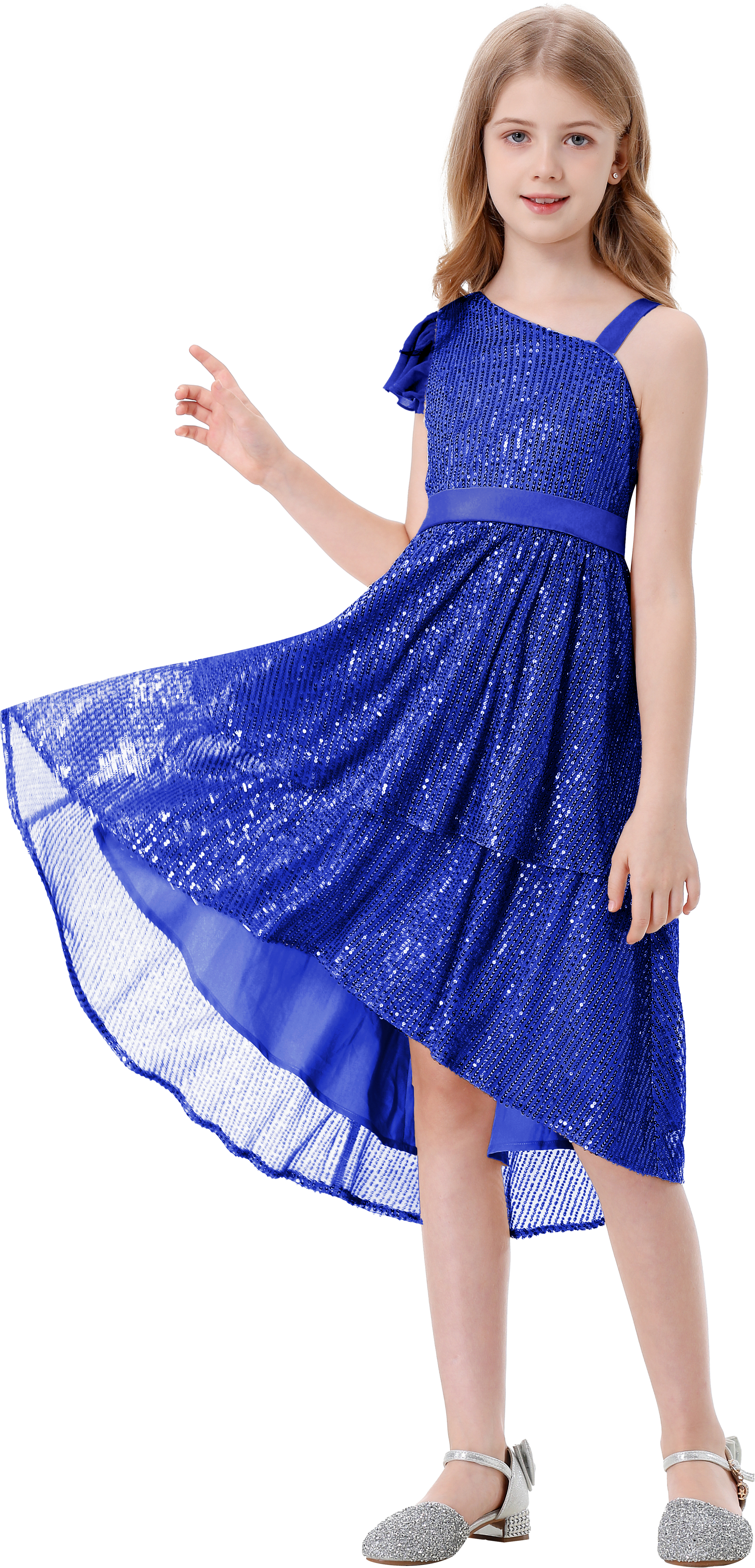 Girls Sequin Dress One Shoulder Layered Sparkle High Low Dresses