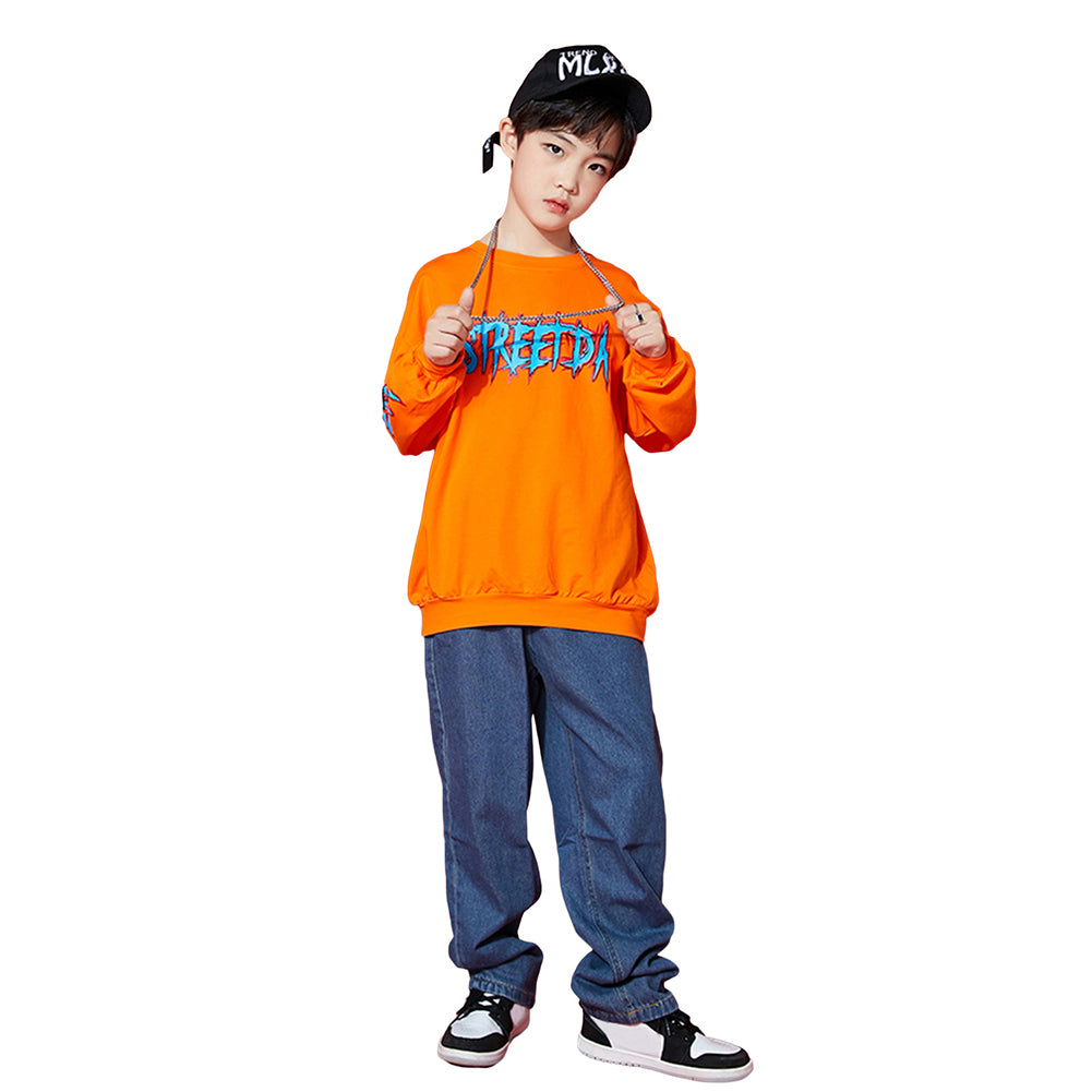 Unisex Jungen Mädchen Schriftzug Denim Jeans Zebrastreifen Tanzoutfit