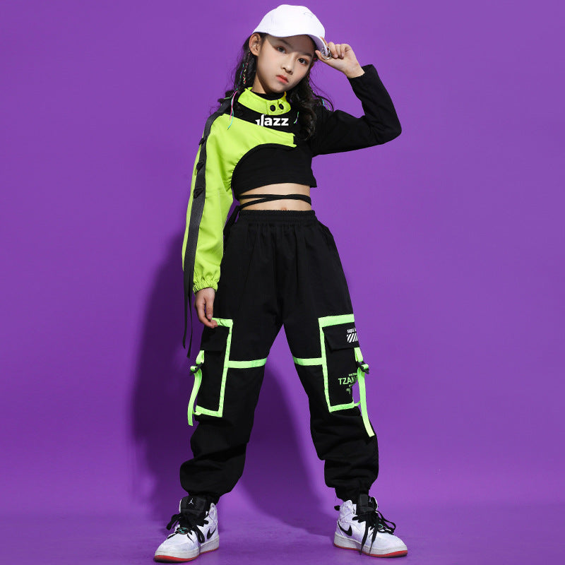 LOLANTA 4-16 Years Girls Hip Hop Dance Crop Top Jacket Coat Jogger Pants  Outfit for Kids Stage Performance Wear Children Fashion dance Costumes  Green White
