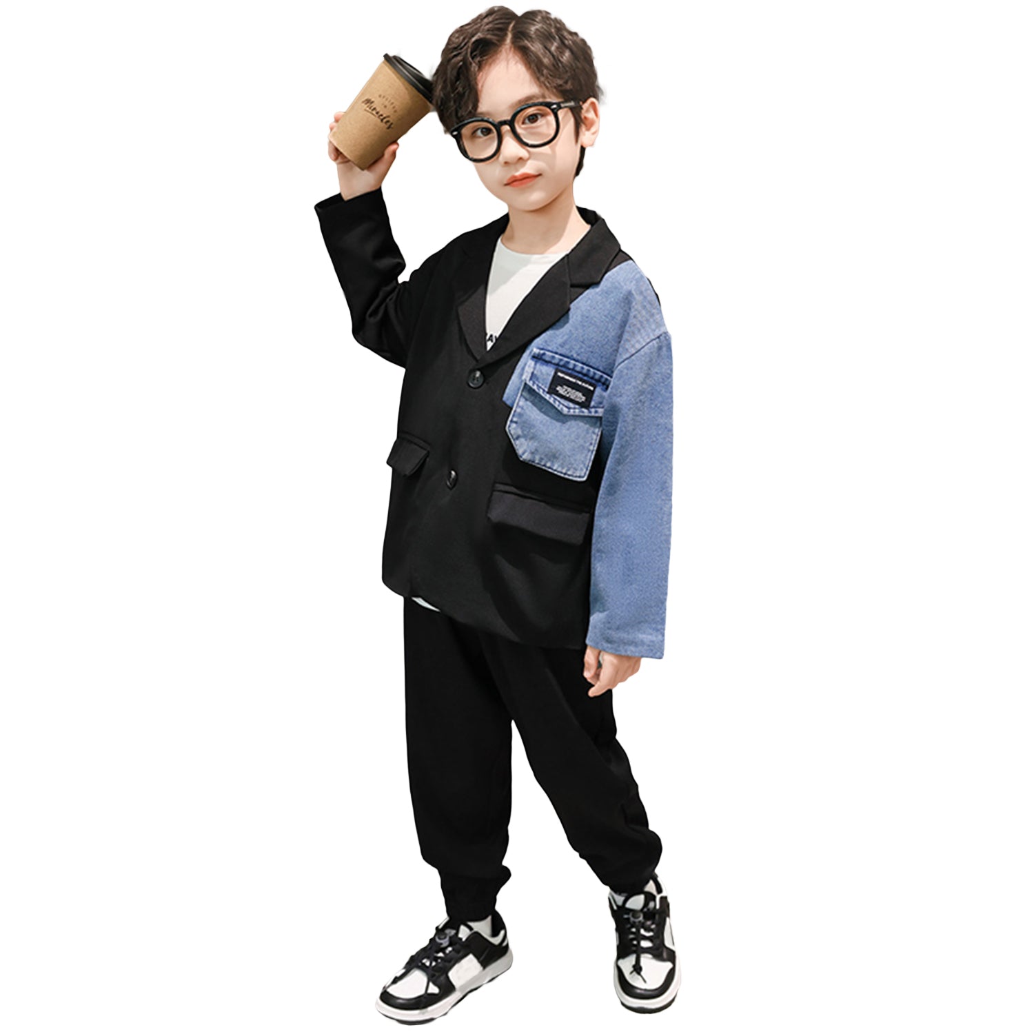 Boys Casual Informal Business Spliced Denim Jacket Pants Sets