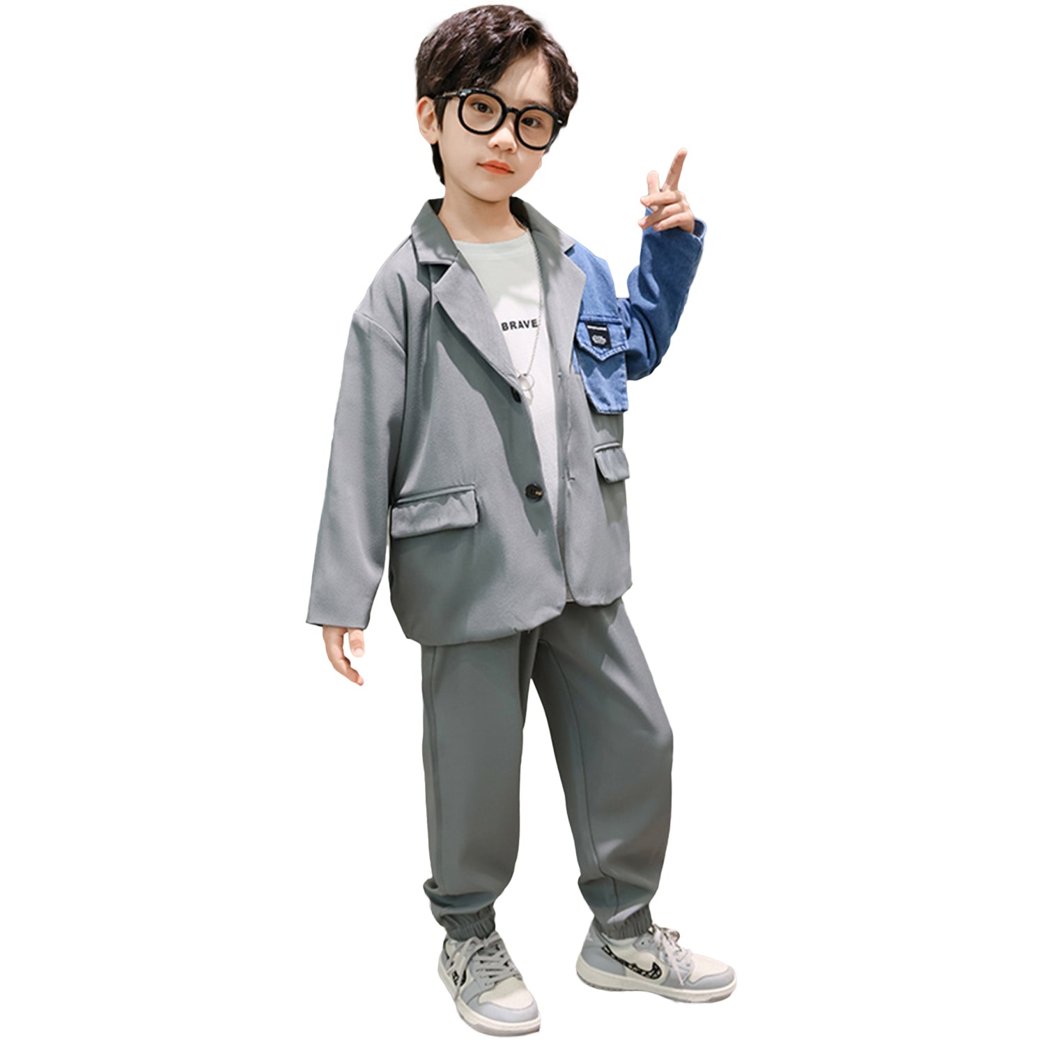 Boys Casual Informal Business Spliced Denim Jacket Pants Sets