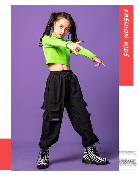 Mädchen-Fluoreszenz-Halbrollkragen-Crop-Top-Cargohose Street Dance-Outfits