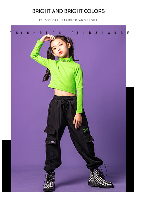 Mädchen-Fluoreszenz-Halbrollkragen-Crop-Top-Cargohose Street Dance-Outfits