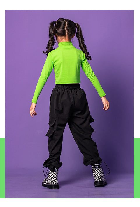 Mädchen-Fluoreszenz-Halbrollkragen-Crop-Top-Cargohose Street Dance-Outfits