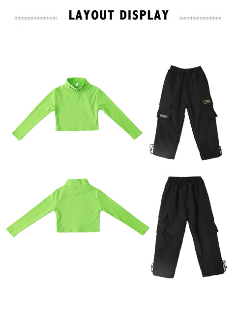 Mädchen-Fluoreszenz-Halbrollkragen-Crop-Top-Cargohose Street Dance-Outfits