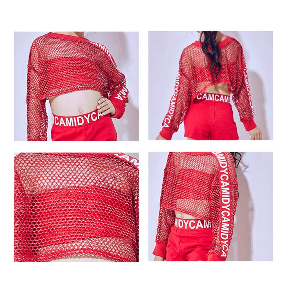 Mädchen Mesh Rote Crop Top Shorts Weiches Tanzoutfit