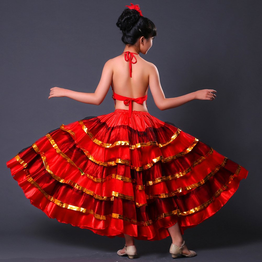 Girls Spanish Flamenco Skirt Gypsy Belly Dancer Performance Costume