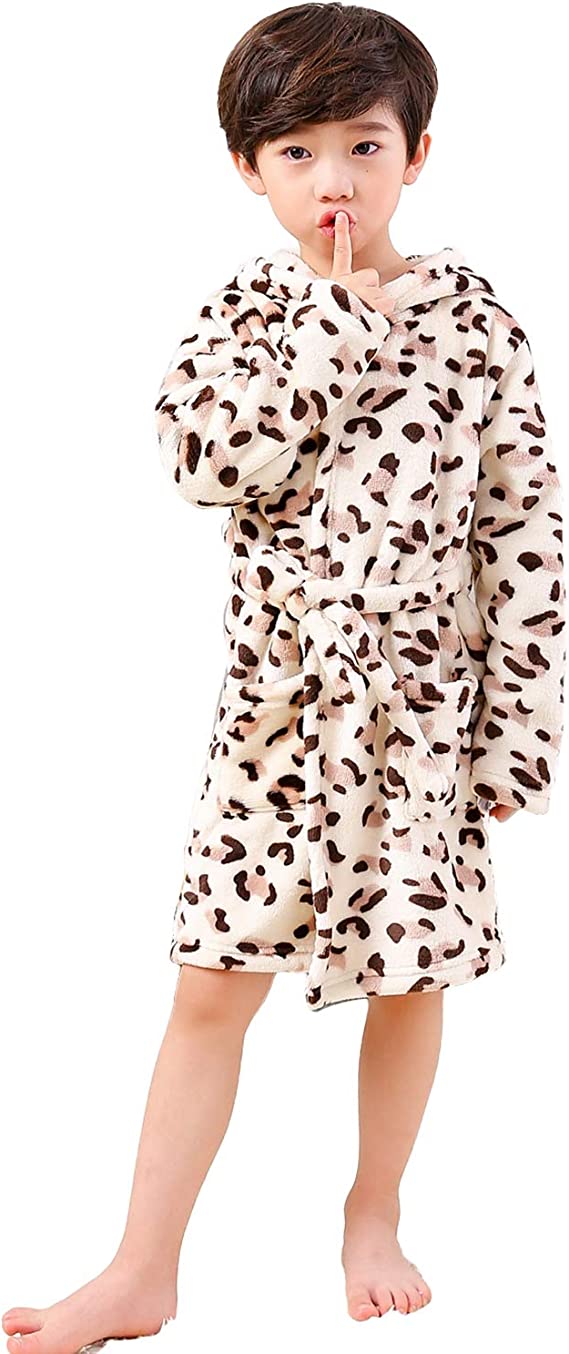 Boy's Girl's Unisex Hooded Soft Sleep Flannel Bathrobe