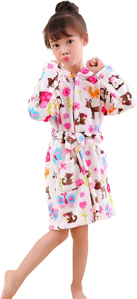 Boy's Girl's Unisex Hooded Soft Sleep Flannel Bathrobe