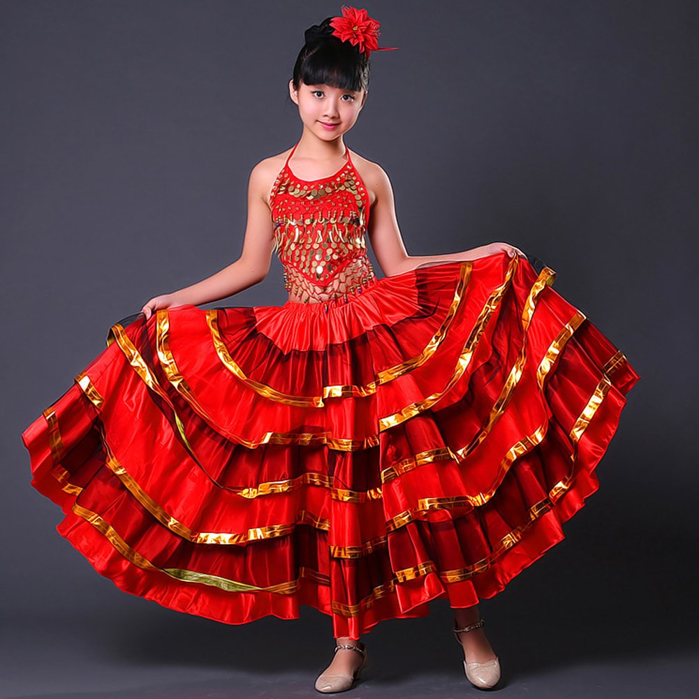 Girls Spanish Flamenco Skirt Gypsy Belly Dancer Performance Costume