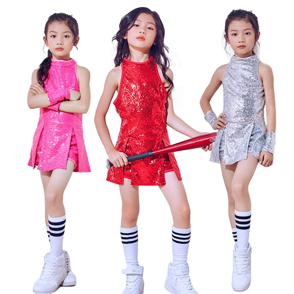 Girls Hip Hop Dance Wear Glittery Sequins Costume Street Dance Dress 4-12  Years