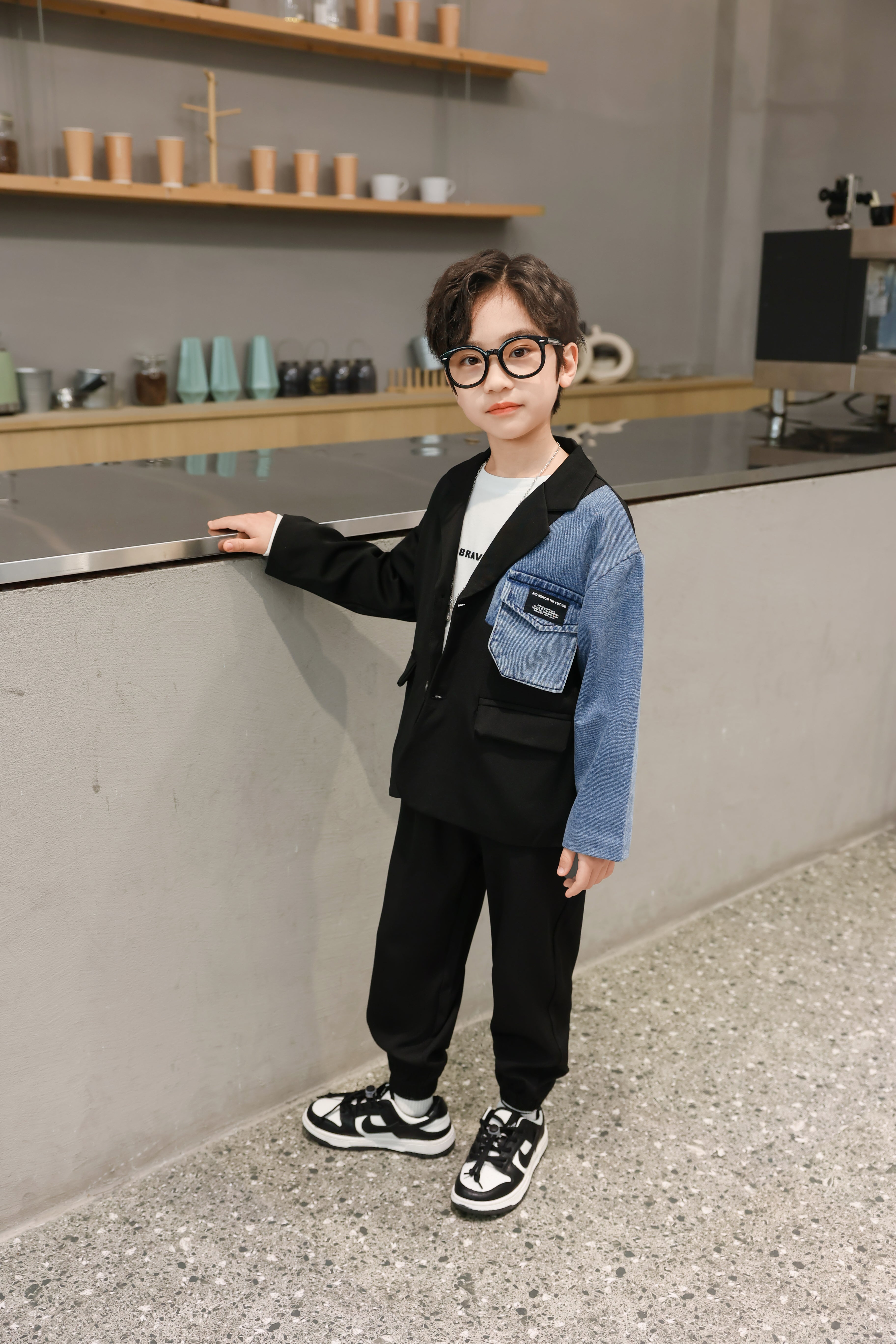 Boys Casual Informal Business Spliced Denim Jacket Pants Sets