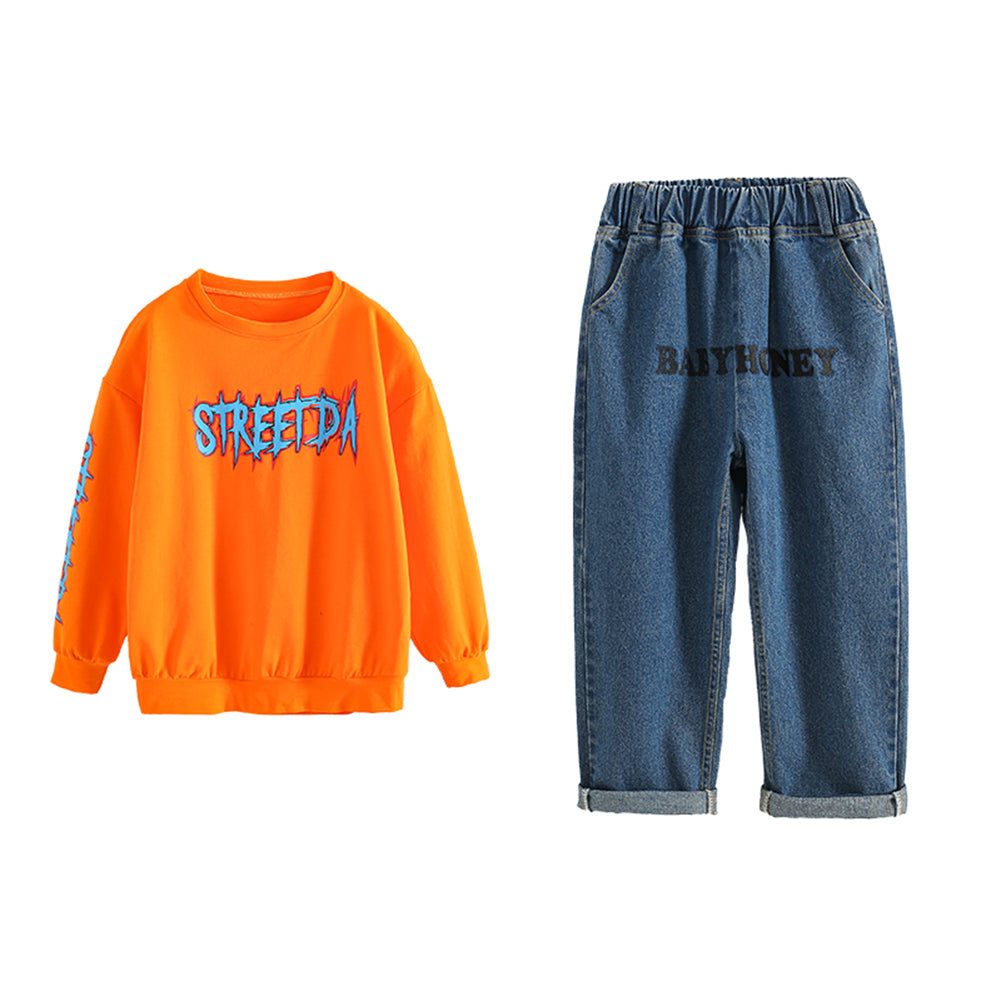 Unisex Jungen Mädchen Schriftzug Denim Jeans Zebrastreifen Tanzoutfit