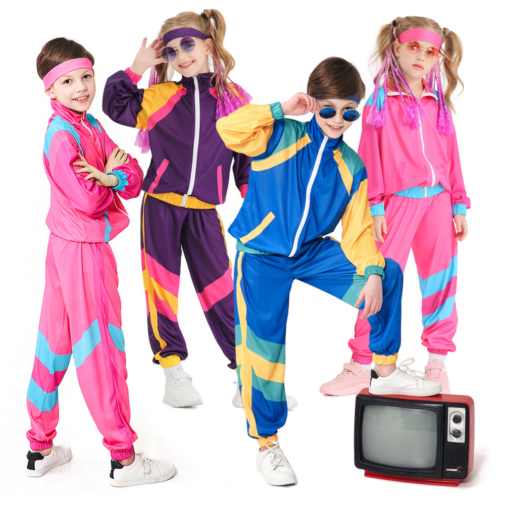 Unisex Boys Girls Vintage Patchwork Color Clash Hip Hop Dance Set