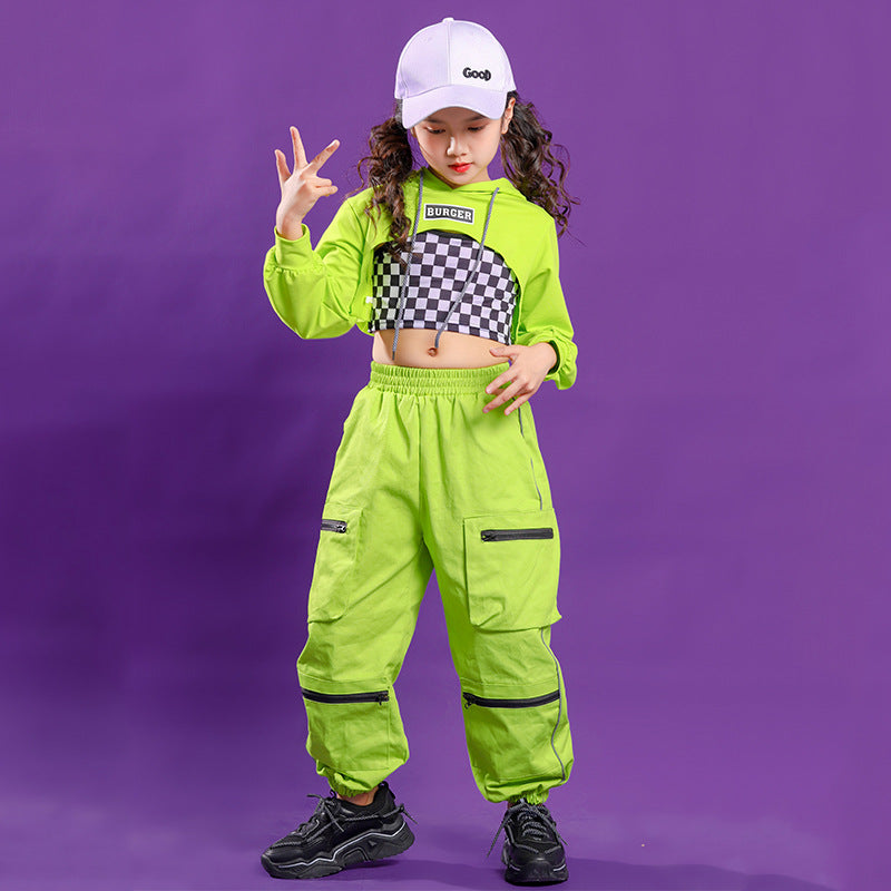 Girl's Hip Hop Plaid Vest Hooded Top Jogger Pants Outfit