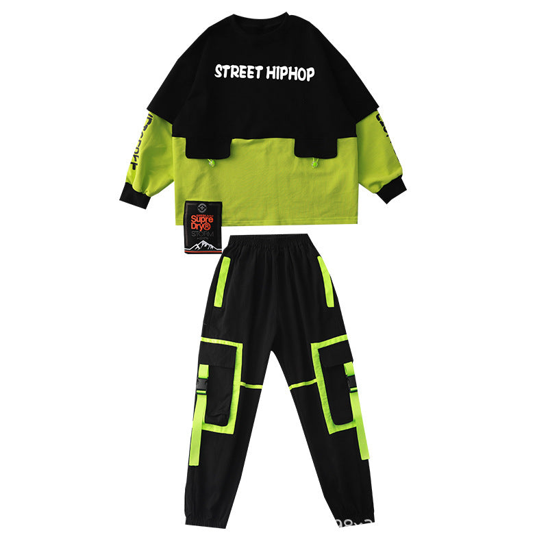 Kids Boy's Girl's Black with Green Hiphop Streetwear Dance Outfit