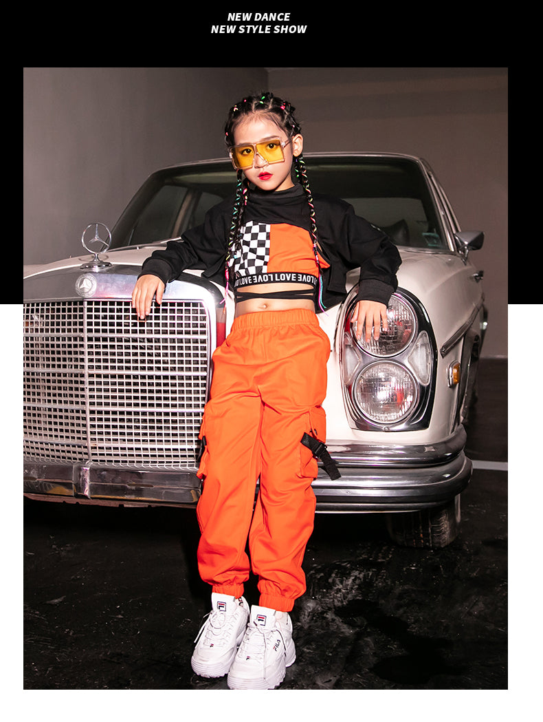 Girl's Black Crop Top Vest Orange Jogger Pants Set Hip Hop Outfit