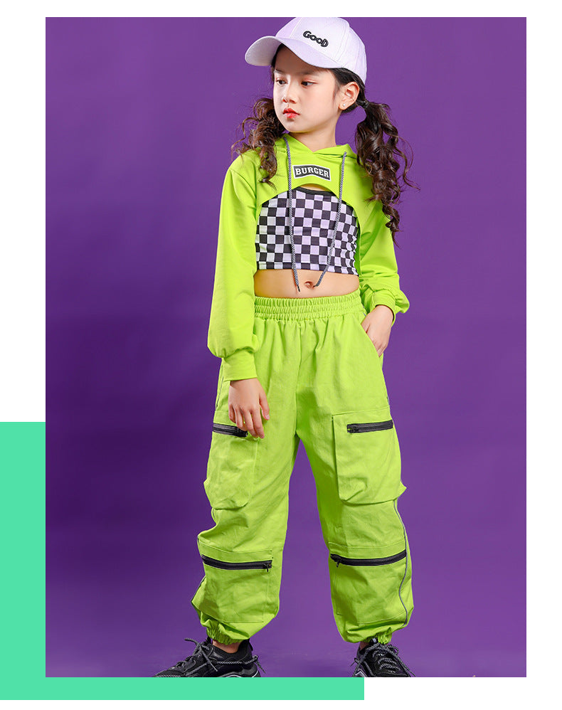 Girl's Hip Hop Plaid Vest Hooded Top Jogger Pants Outfit