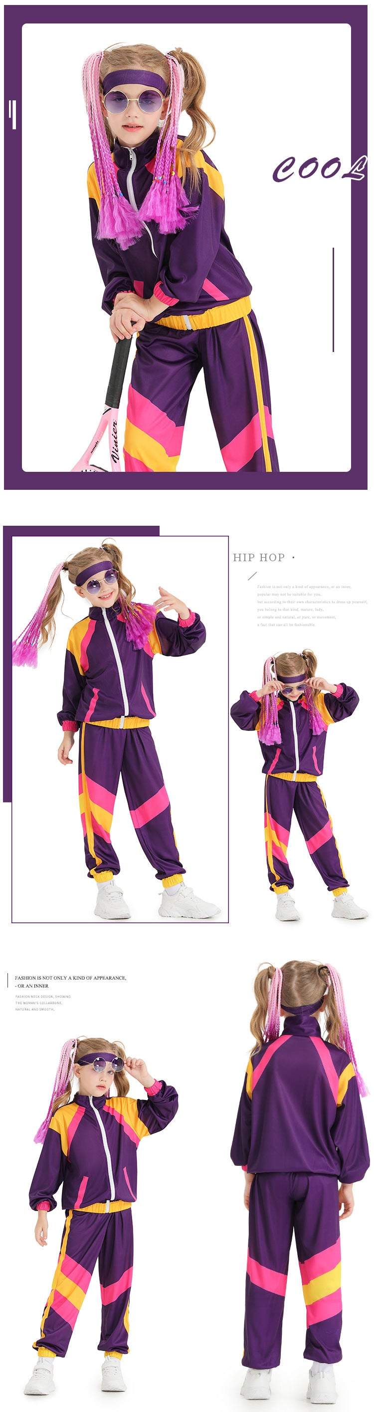 Unisex Boys Girls Vintage Patchwork Color Clash Hip Hop Dance Set