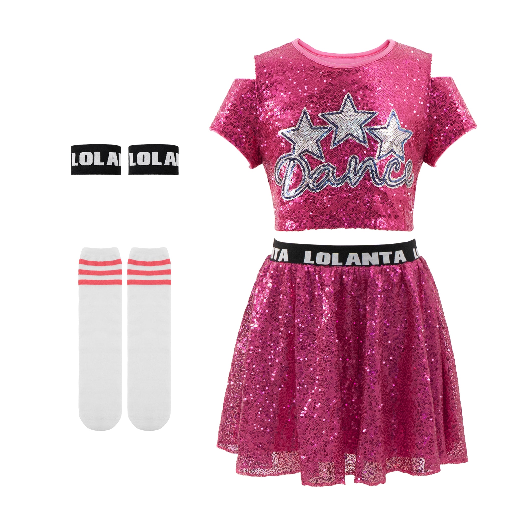 Girls Dance Outfits 4 Piece Kids Sequin Pleated Skirts Set