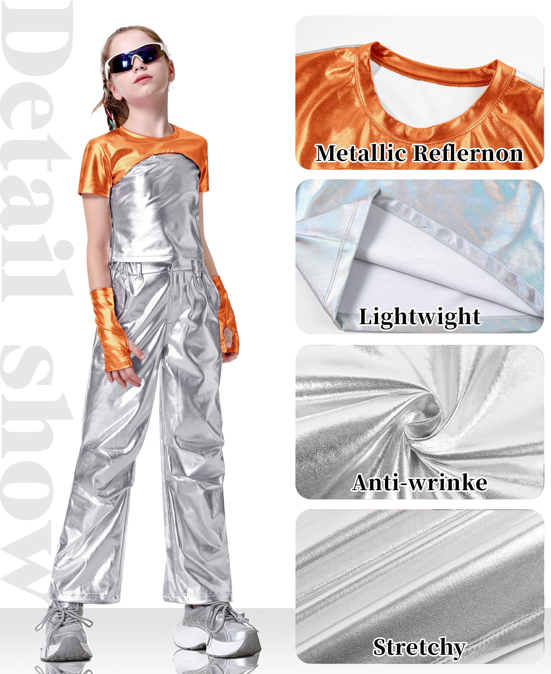 Girls Metallic Shirts with Arm Sleeves Slim Fit Stretchy Shiny Hip Hop Dance Top